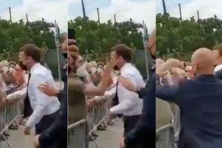 فيديو صادم.. الرئيس الفرنسي يتلقى صفعة قوية على وجهه من أحد المواطنين