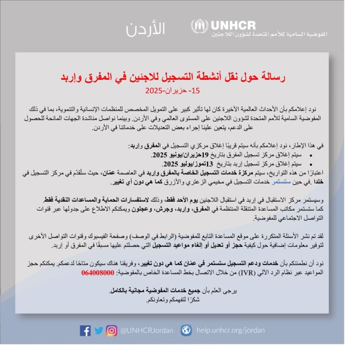 الأمم المتحدة: إغلاق مركزي تسجيل المفرق وإربد ونقل الخدمات إلى عمّان
